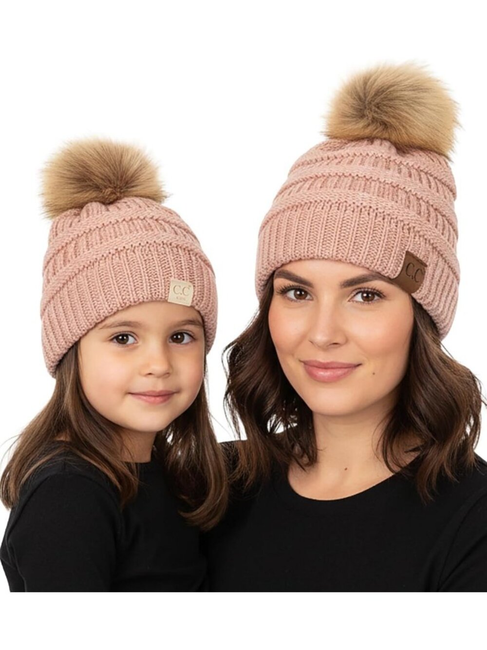 Cozy Knit Mommy & Me Pom Beanies Set - Stylish Winter Hats for Women & Toddlers